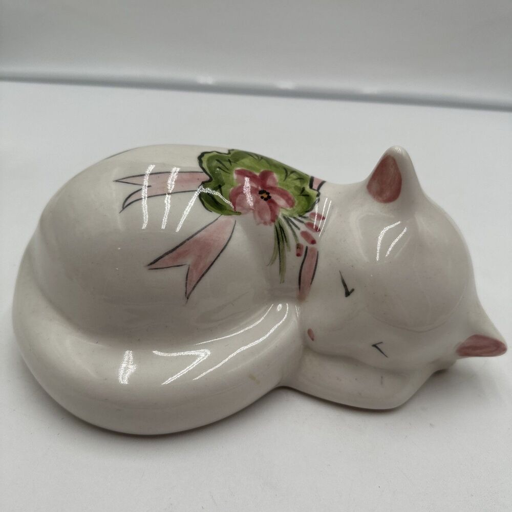 Vintage N.S. Gustin Sleeping Cat Figurine With Tole Painted Flowers Cat Napping